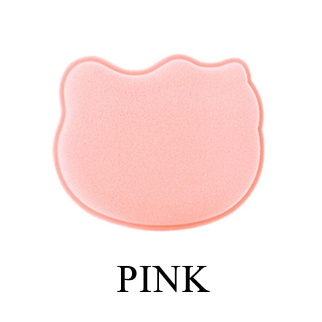 Pink cat-shaped makeup blender sponge; soft, hydrophilic polyurethane; blends makeup flawlessly.