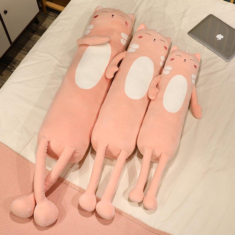 Pink plush cat body pillows, set of three, in various sizes.  Soft PP cotton filling, perfect for cuddling and sleep.