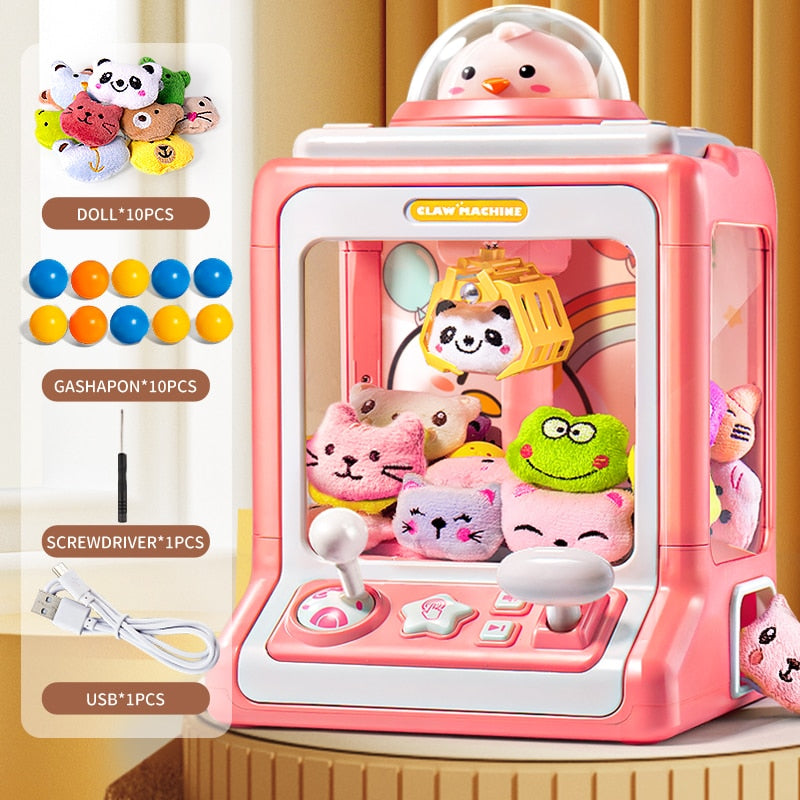 Pink chick claw machine arcade game with 10 plush toys, 10 eggs, joystick controls, lights, sounds, USB power.