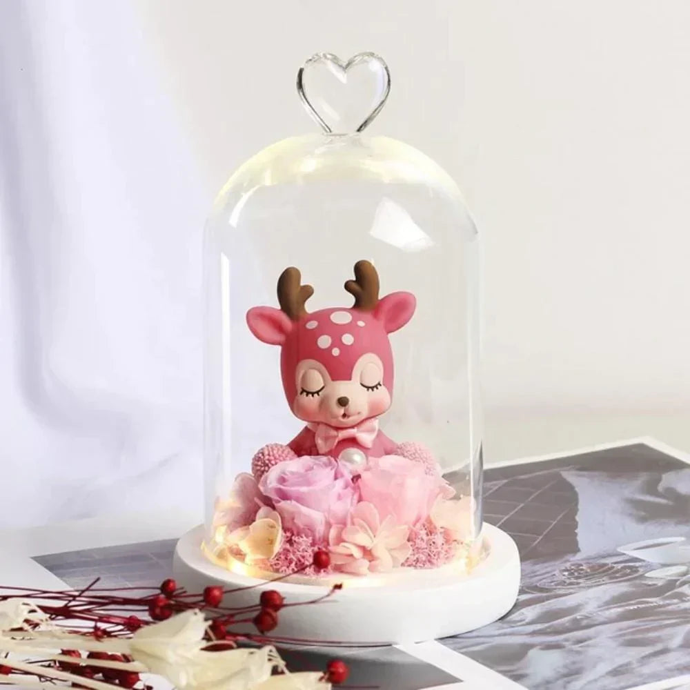 Pink deer figurine with preserved roses, LED lights, glass dome; charming gift or home décor.