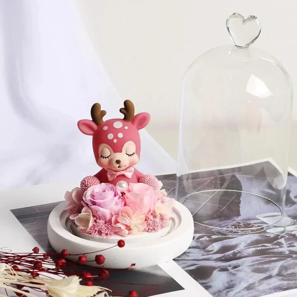 Pink deer figurine with preserved roses inside a glass dome; LED lights; charming gift.