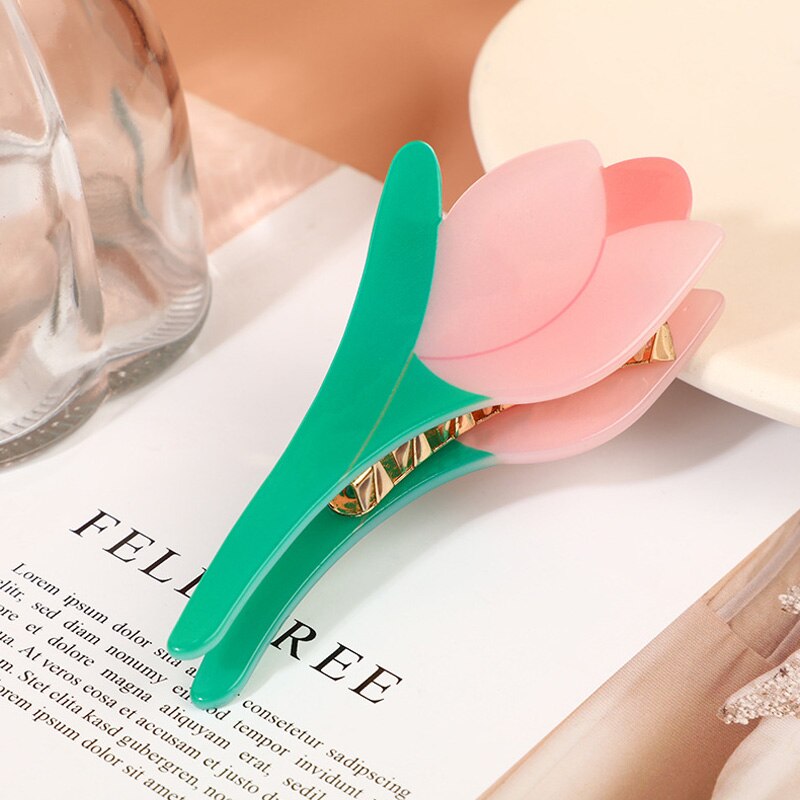 Pink and green acrylic tulip hair claw, approx. 10cm x 4.8cm, ideal for parties or daily wear.
