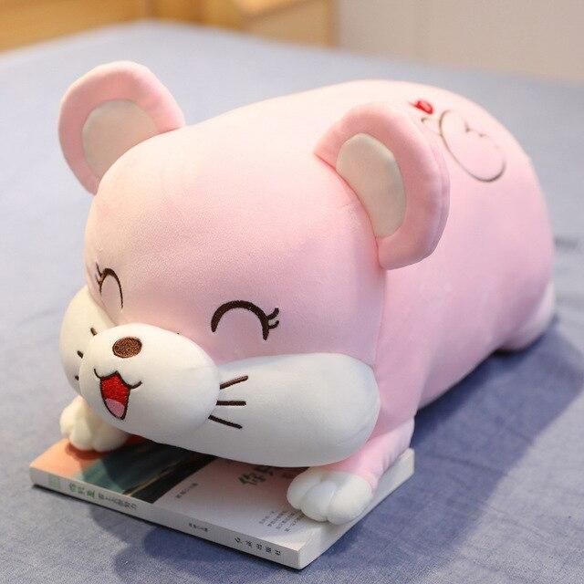 Pink hamster plush body pillow, filled with PP cotton, hypoallergenic, promotes relaxation, and helps improve sleep posture.  Zipper for cleaning.