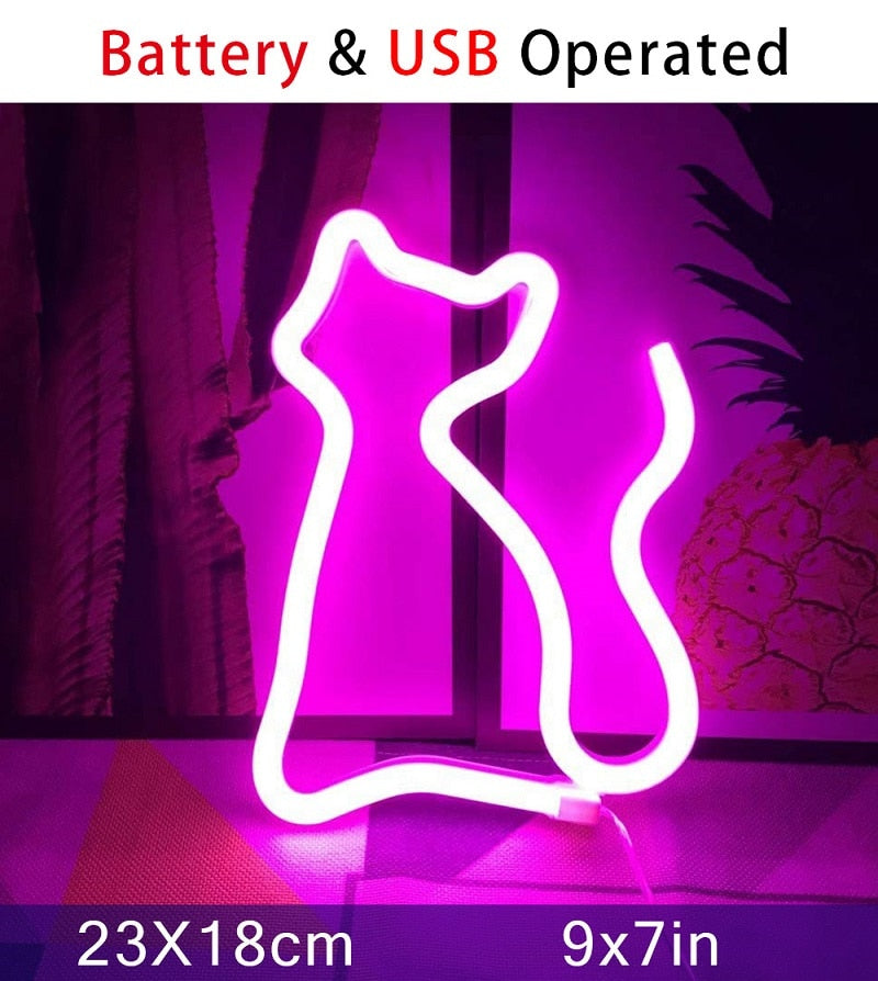 Pink neon cat LED sign light; USB & battery operated; wall-mountable or tabletop; 23x18cm. Kawaii anime style.