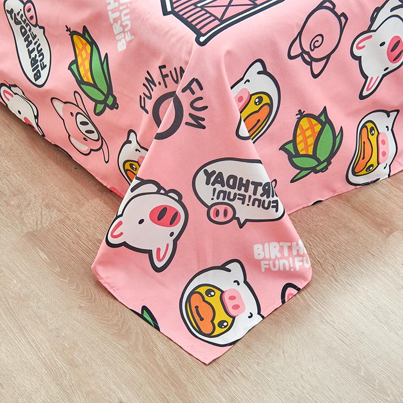 Pink pig cartoon bedding set, reversible microfiber, featuring cute pig illustrations and corn designs. Includes duvet cover, flat sheet, and pillowcases.