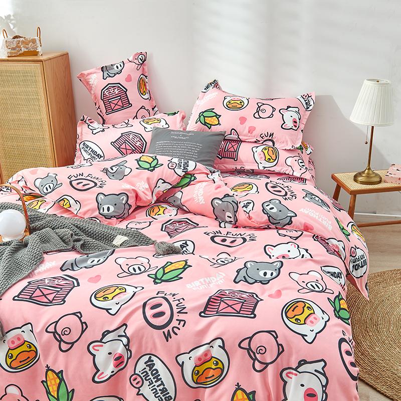 Pink pig cartoon bedding set, reversible microfiber, includes duvet cover, flat sheet & pillowcases.  Super soft & cozy.