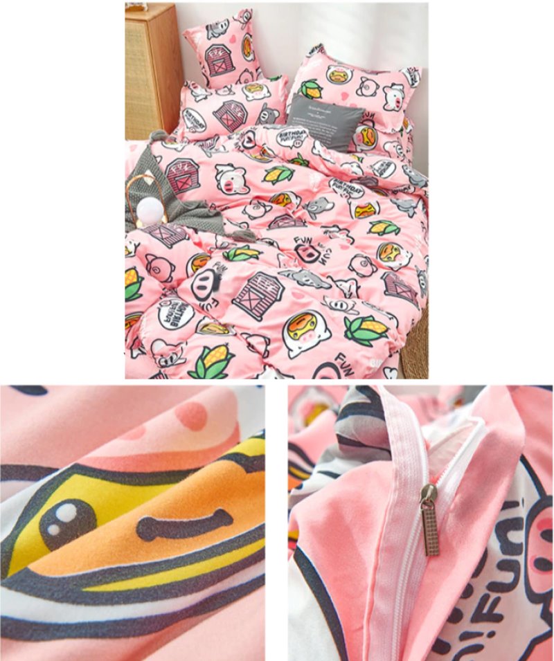 Pink pig cartoon bedding set, reversible microfiber, includes duvet cover, flat sheet & pillowcases.  Soft, cozy, machine washable.