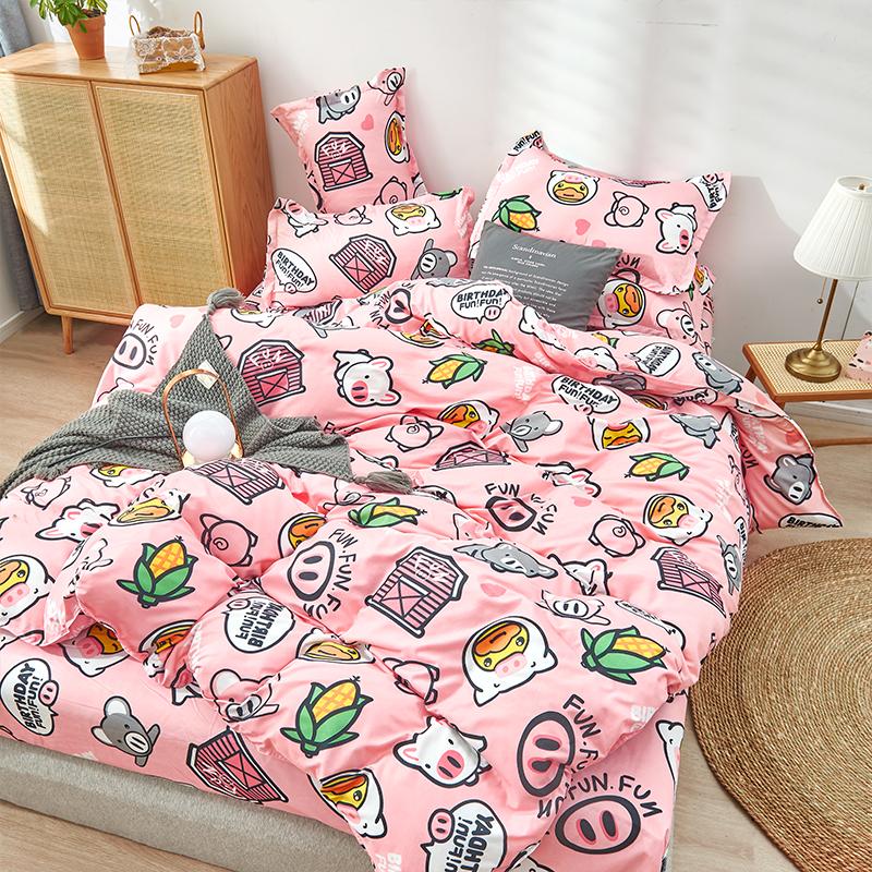 Pink pig cartoon bedding set, reversible microfiber, includes duvet cover, sheet, pillowcases.  Cozy and cute design.