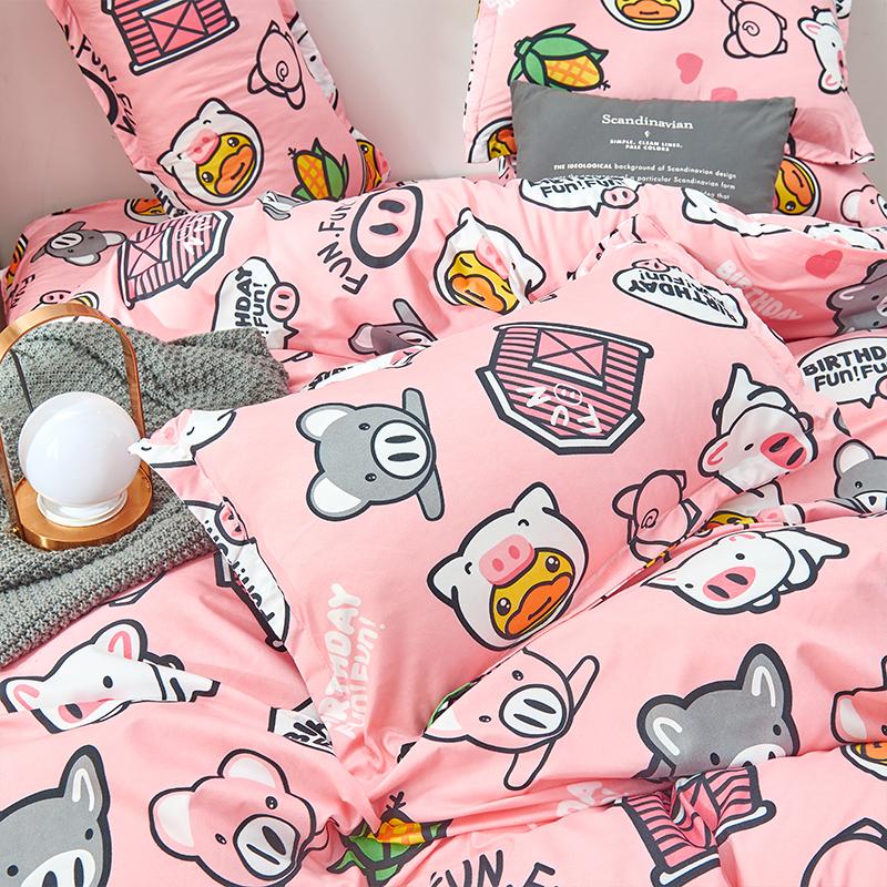 Pink pig cartoon bedding set, reversible microfiber, includes duvet cover, flat sheet, pillowcases.  Adorable pig illustrations.