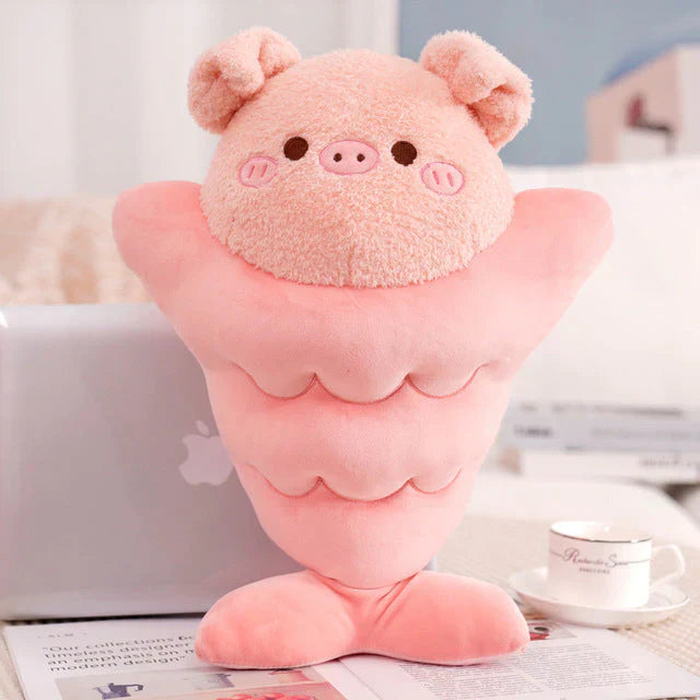 Pink pig taiyaki plush toy; soft PP cotton, fish-shaped design. Adorable and relaxing.