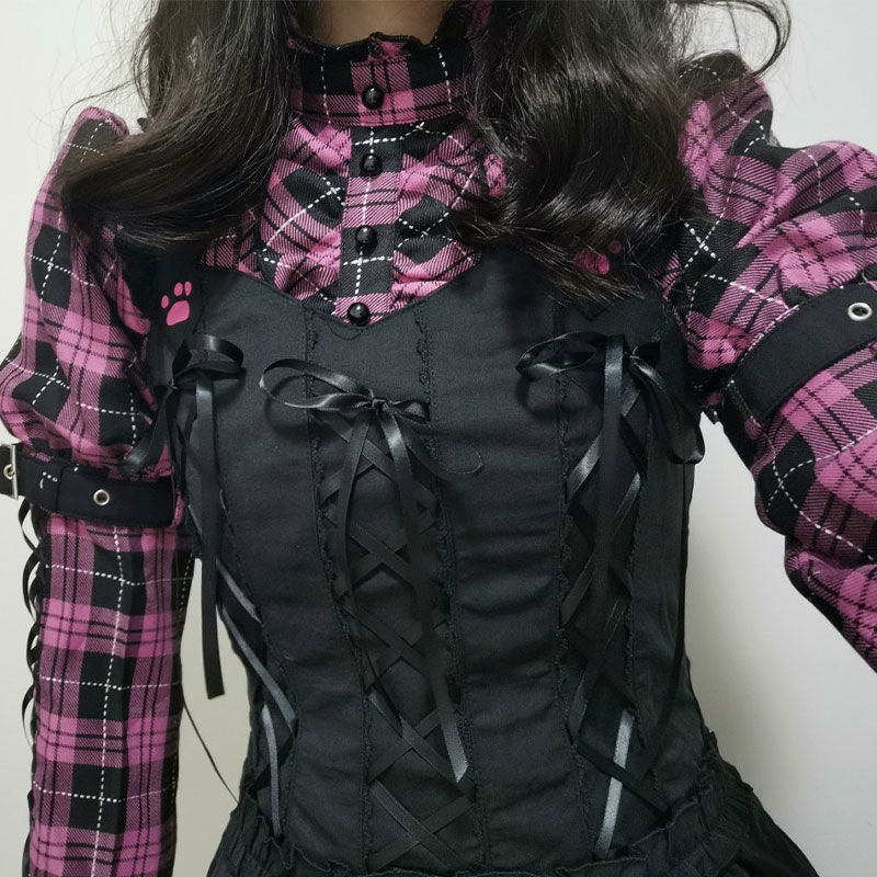 Pink plaid cat paw print shirt & black lolita dress set.  Features ribbon lacing, polyester-cotton blend.