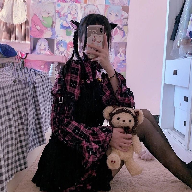 Pink plaid shirt with cat paw print & black mini dress; Harajuku Lolita style, polyester-cotton blend.