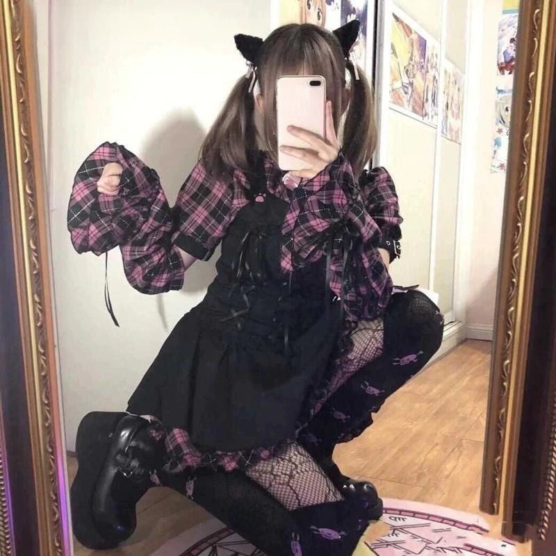 Pink plaid cat paw shirt & black mini dress set; Harajuku Lolita style. Polyester-cotton blend.