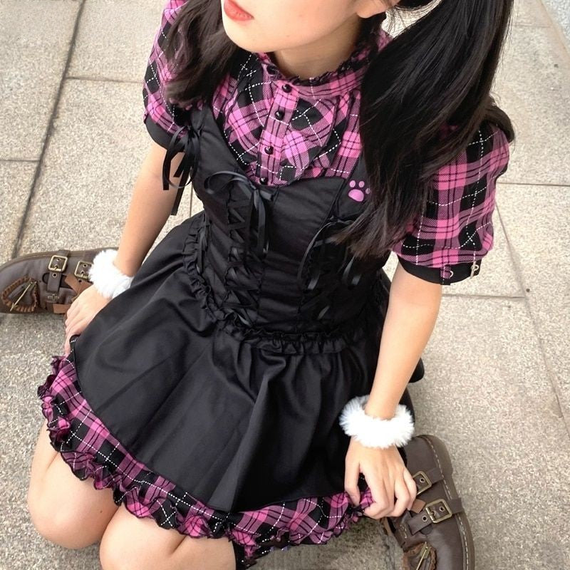 Pink plaid shirt with cat paw print & black Lolita mini dress; two-piece set; polyester-cotton blend.