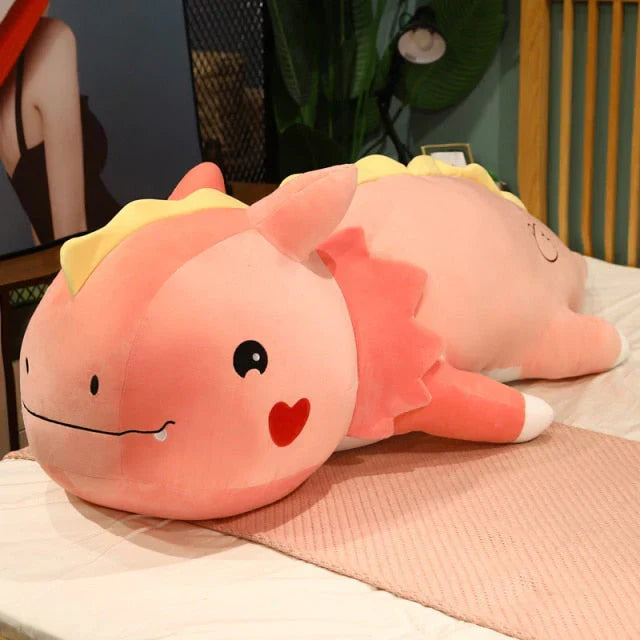 Huge pink plush dragon toy, hypoallergenic cotton, super soft, huggable, cute design.