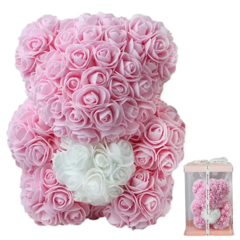 Pink rose bear plush toy with white heart, 25cm tall, gift boxed.  Perfect gift!