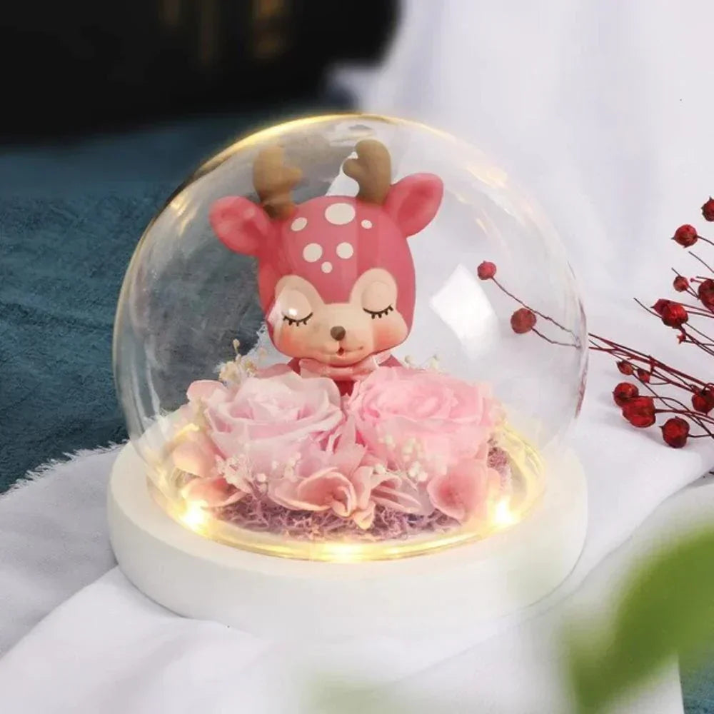 Pink rose & deer figurine LED glass dome display; preserved rose, warm light, charming gift.