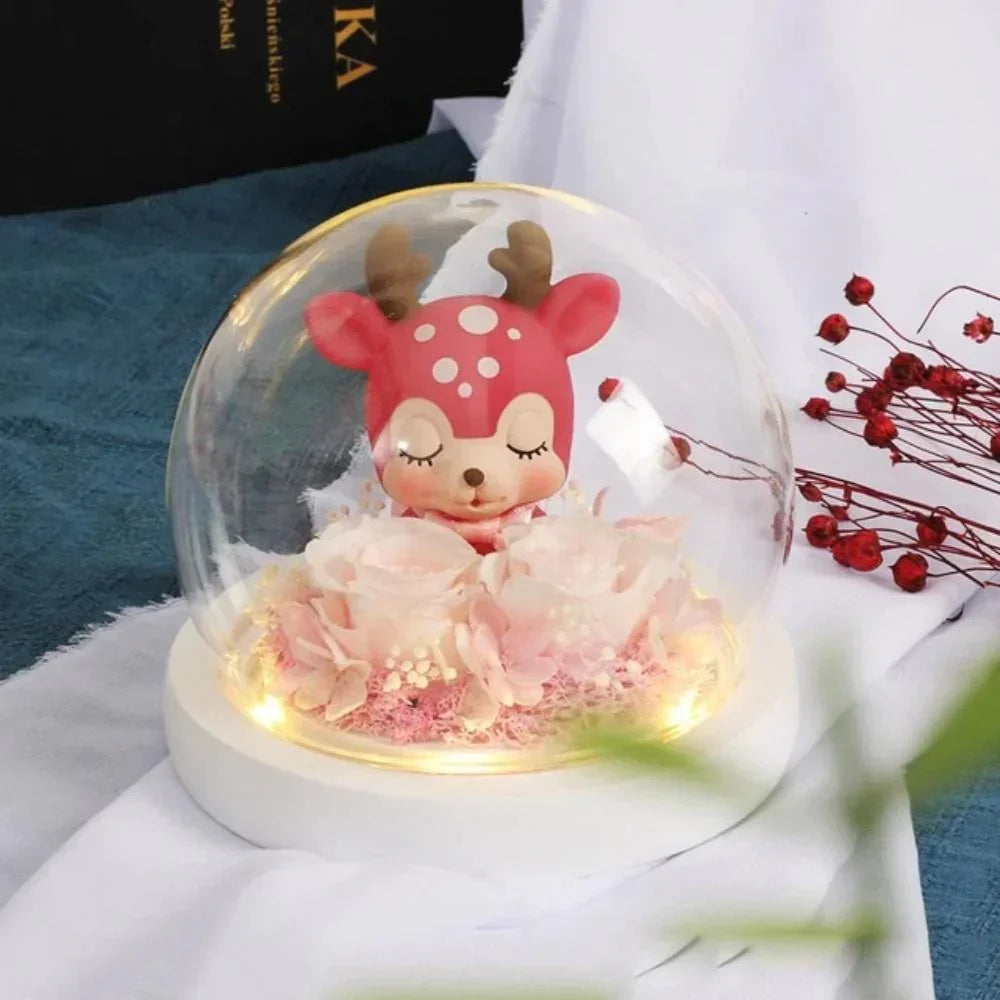 Pink rose & red deer figurine LED night light, encased in glass dome.  Perfect gift!