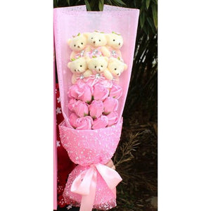 Adorable pink rose & teddy bear bouquet; unique gift for birthdays, anniversaries, & Valentine's Day.  Soft plush bears, artificial roses.