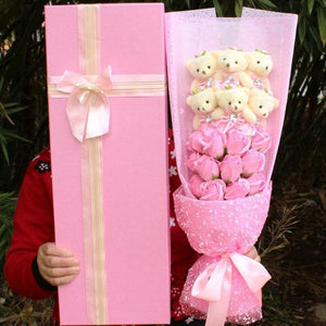 Pink rose teddy bear bouquet; unique gift for birthdays, anniversaries, and Valentine's Day.  Soft plush bears, artificial roses.