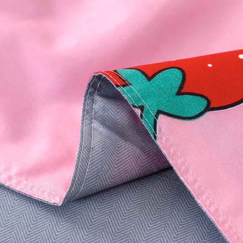 Pink & grey reversible strawberry bedding set, 100% microfiber, includes duvet cover, flat sheet & pillowcases.  Soft, comfy, machine washable.