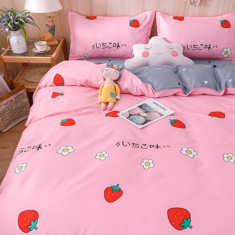 Pink strawberry bedding set, reversible, microfiber, includes duvet cover, flat sheet & pillowcases.  Cute kawaii design.