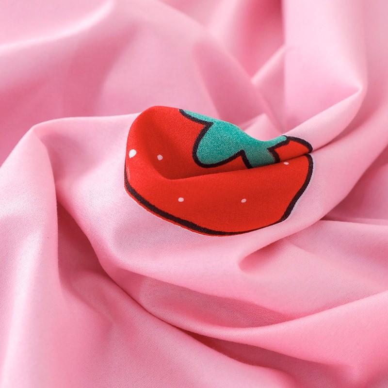 Pink strawberry print microfiber bedding set; reversible duvet cover, flat sheet & pillowcases.  Soft, comfy, allergy-friendly.