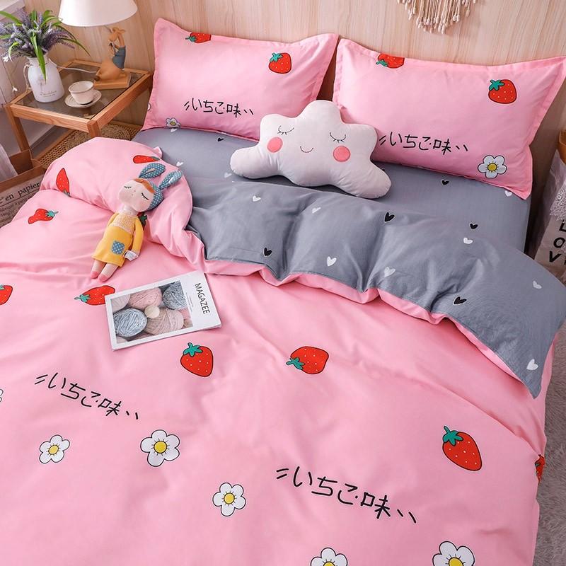 Pink strawberry bedding set, reversible, microfiber, includes duvet cover, flat sheet & pillowcases.  Kawaii design.