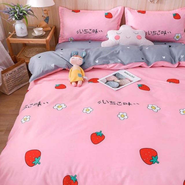 Pink strawberry bedding set, reversible, includes duvet cover, flat sheet & pillowcases. 100% polyester microfiber, machine washable.