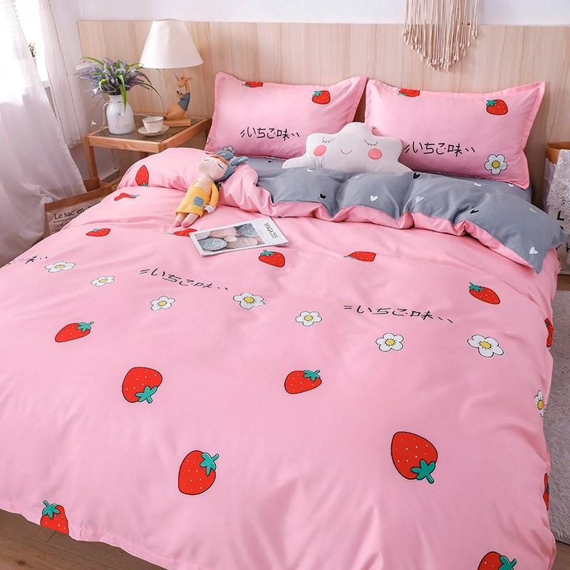 Pink strawberry bedding set, reversible, 100% polyester microfiber, includes duvet cover, flat sheet & pillowcases.  Single, Twin, Full, Queen, King sizes.