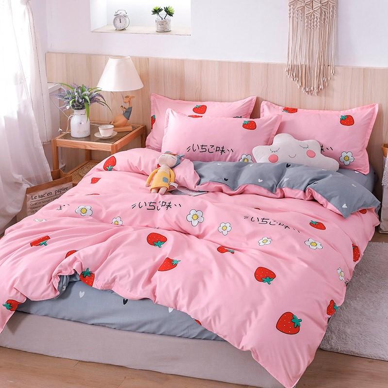 Pink strawberry print bedding set, includes duvet cover, flat sheet & pillowcases.  Soft polyester microfiber, reversible, zip closure.