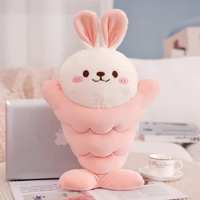Adorable pink taiyaki bunny plush toy; soft PP cotton filling, allergy-free.  Sweet treat design.