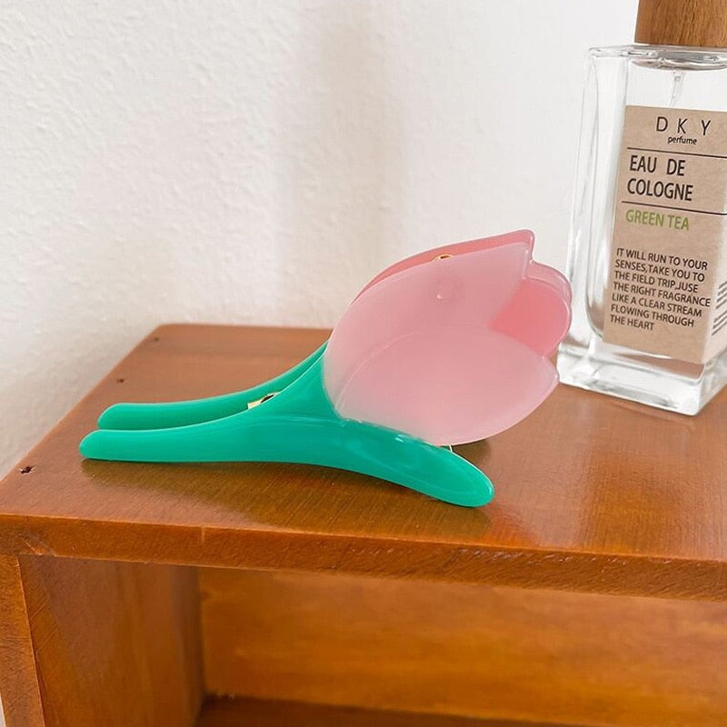 Pink and teal acrylic tulip hair claw clip; 10cm x 4.8cm.  Perfect for parties, festivals, or everyday wear.