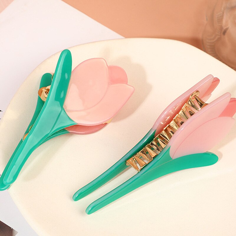 Pink and teal acrylic tulip hair claw clip; 10cm x 4.8cm. Perfect for parties, festivals, or everyday wear.