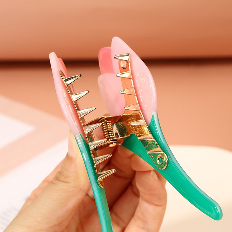 Pink-green acrylic tulip hair claw clip; 10cm x 4.8cm; gold accents.