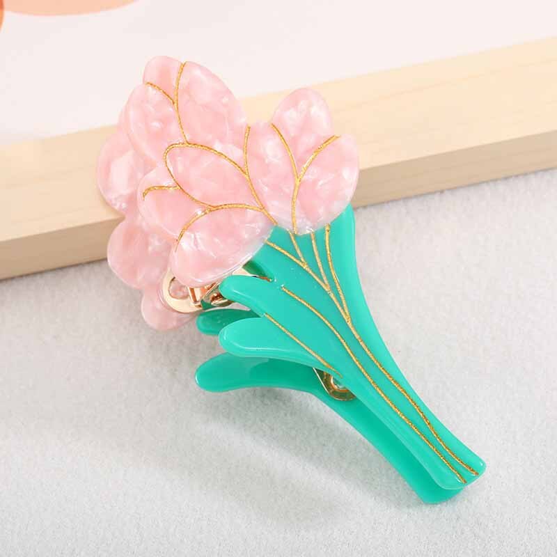 Pink & teal acrylic tulip hair claw clip; gold accents, approx. 10cm x 4.8cm. Perfect for parties or everyday wear.