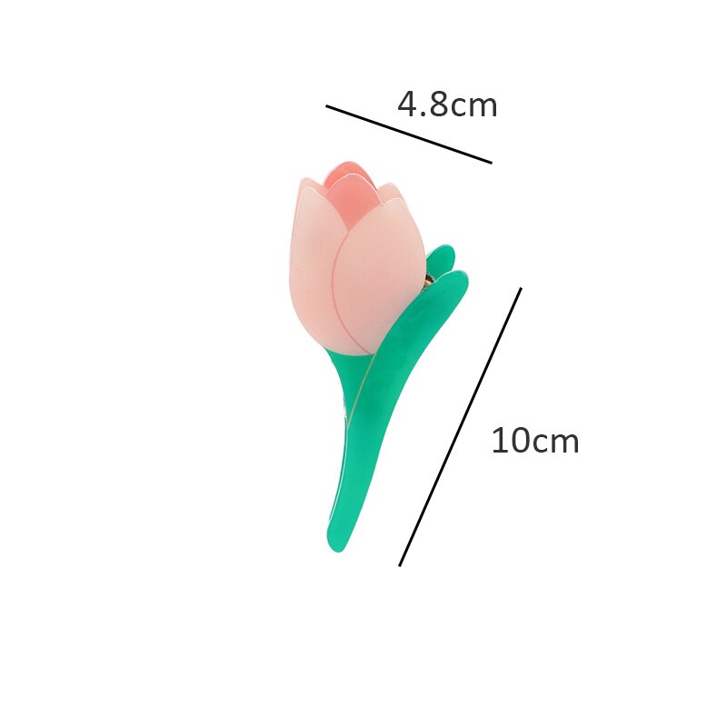 Pink tulip acrylic hair claw clip, teal green stem, 10cm, perfect for parties or everyday wear.