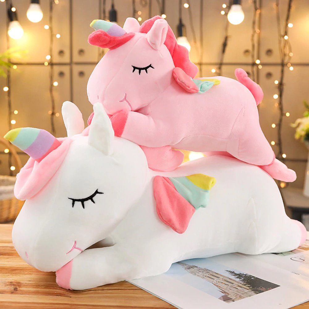 Adorable pink & white unicorn plush toy set; 43" larger unicorn, PP cotton filled, hypoallergenic, machine washable. Perfect gift!