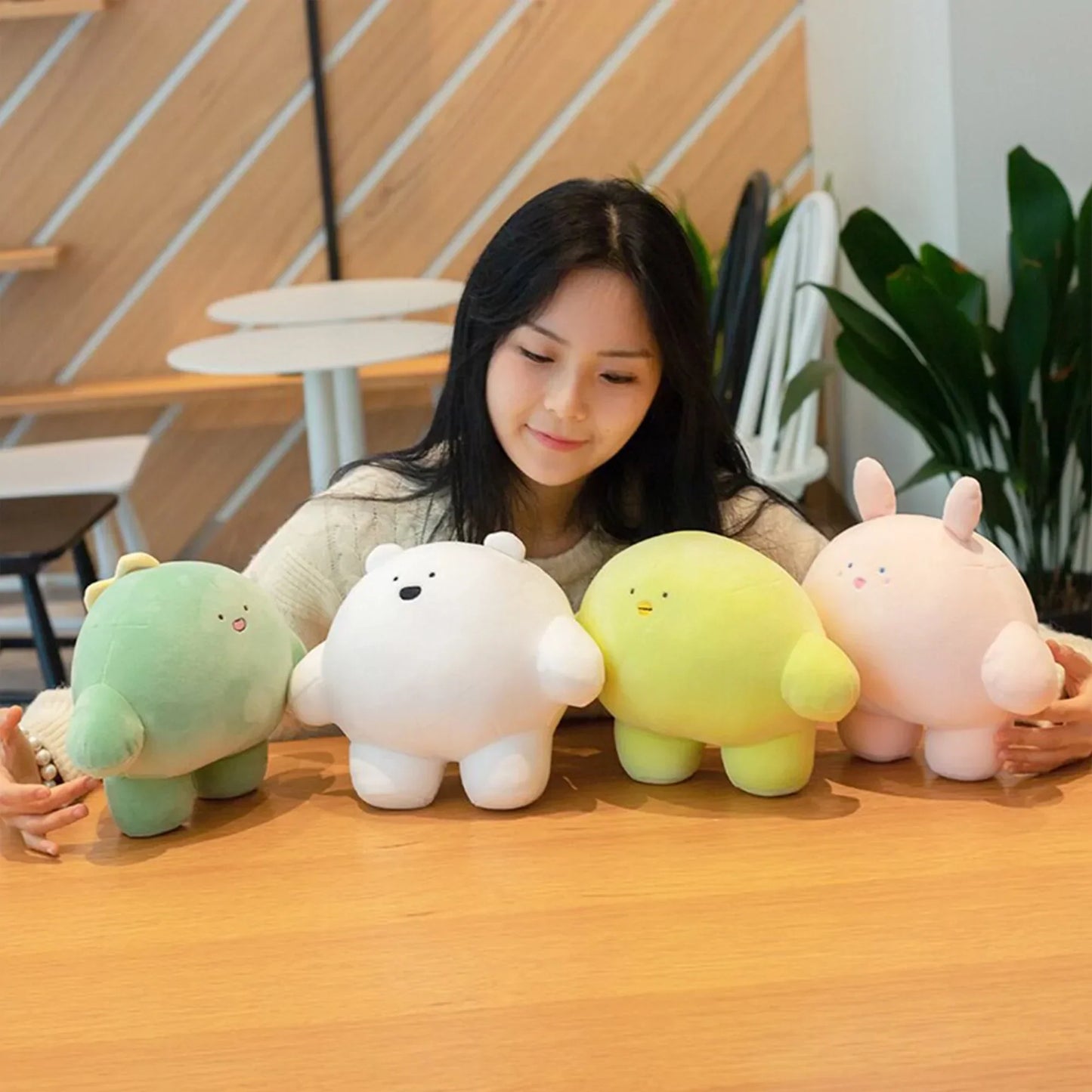 Adorable plush animal pillows; dinosaur, bear, chick, bunny.  Soft, PP cotton filled, allergy-friendly. Perfect for cuddling!