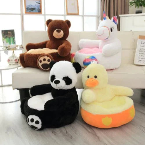 Soft plush animal seats: panda, bear, unicorn, duck.  50cm tall, 100% PP cotton filling.  Perfect for kids, allergy-friendly.