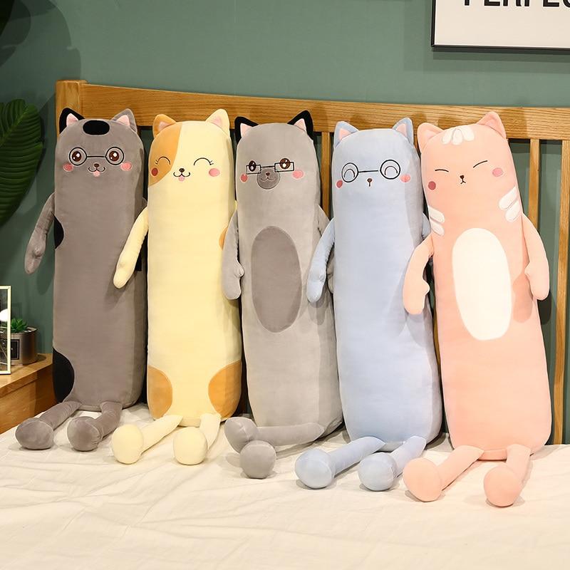 Soft plush cat body pillows in assorted colors; grey, beige, light blue, pink.  Perfect for cuddling and sleep. Premium PP cotton filling.