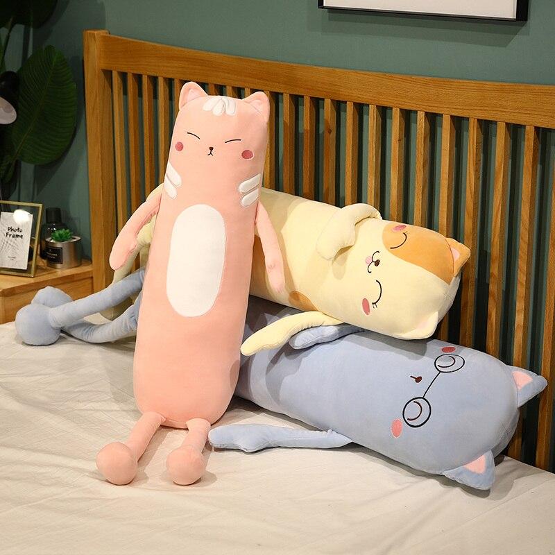 Soft plush cat body pillows in pink, yellow, and blue; perfect for cuddling and sleep. Made of premium PP cotton.