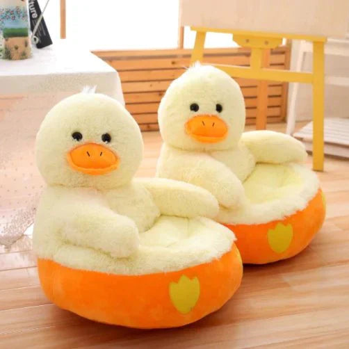 Adorable yellow duck plush chair, 50cm tall, with orange base, soft PP cotton filling, perfect for kids.