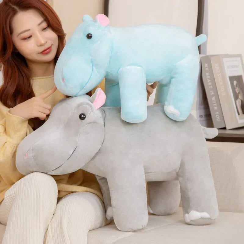 Soft grey and light blue plush hippo toys, filled with PP cotton, hypoallergenic, perfect for cuddling and gifting.