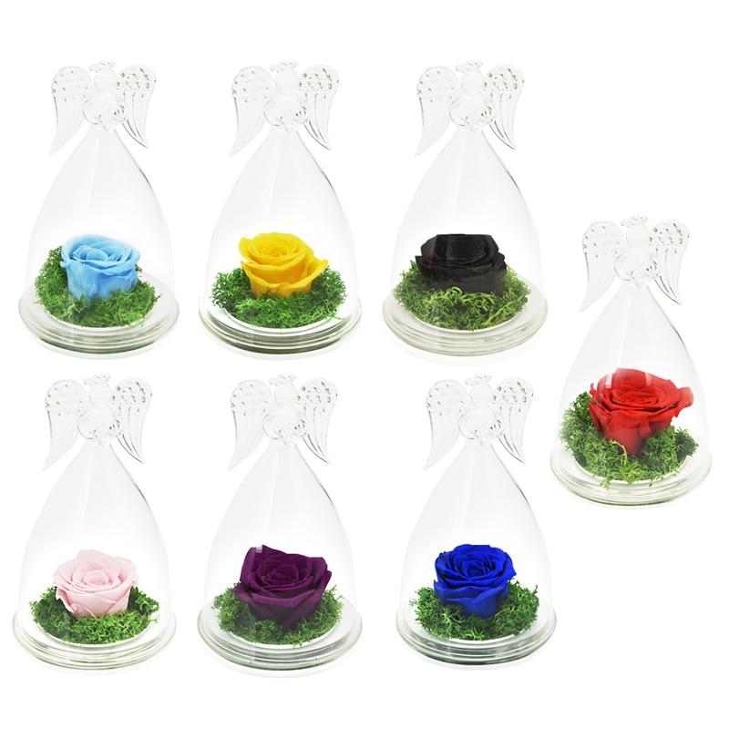Preserved enchanted rose in glass dome with angel wings; available in 12 colors; 10x10x16cm or 12x12x12cm.