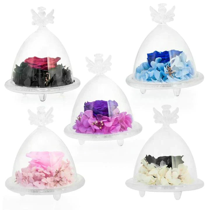 Preserved enchanted rose in glass dome with angel wings; available in 12 colors.  Perfect gift or home décor.