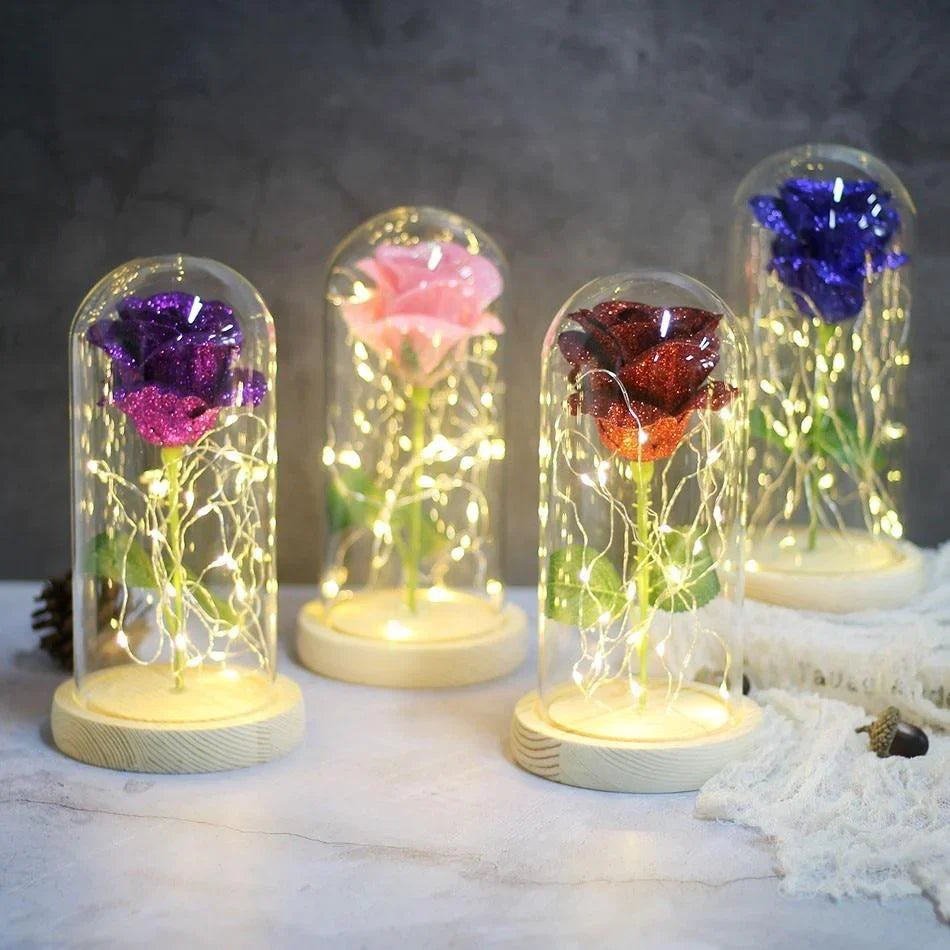 Shimmering Glitter Enchanted Rose LED Glass Display (10 Variants)