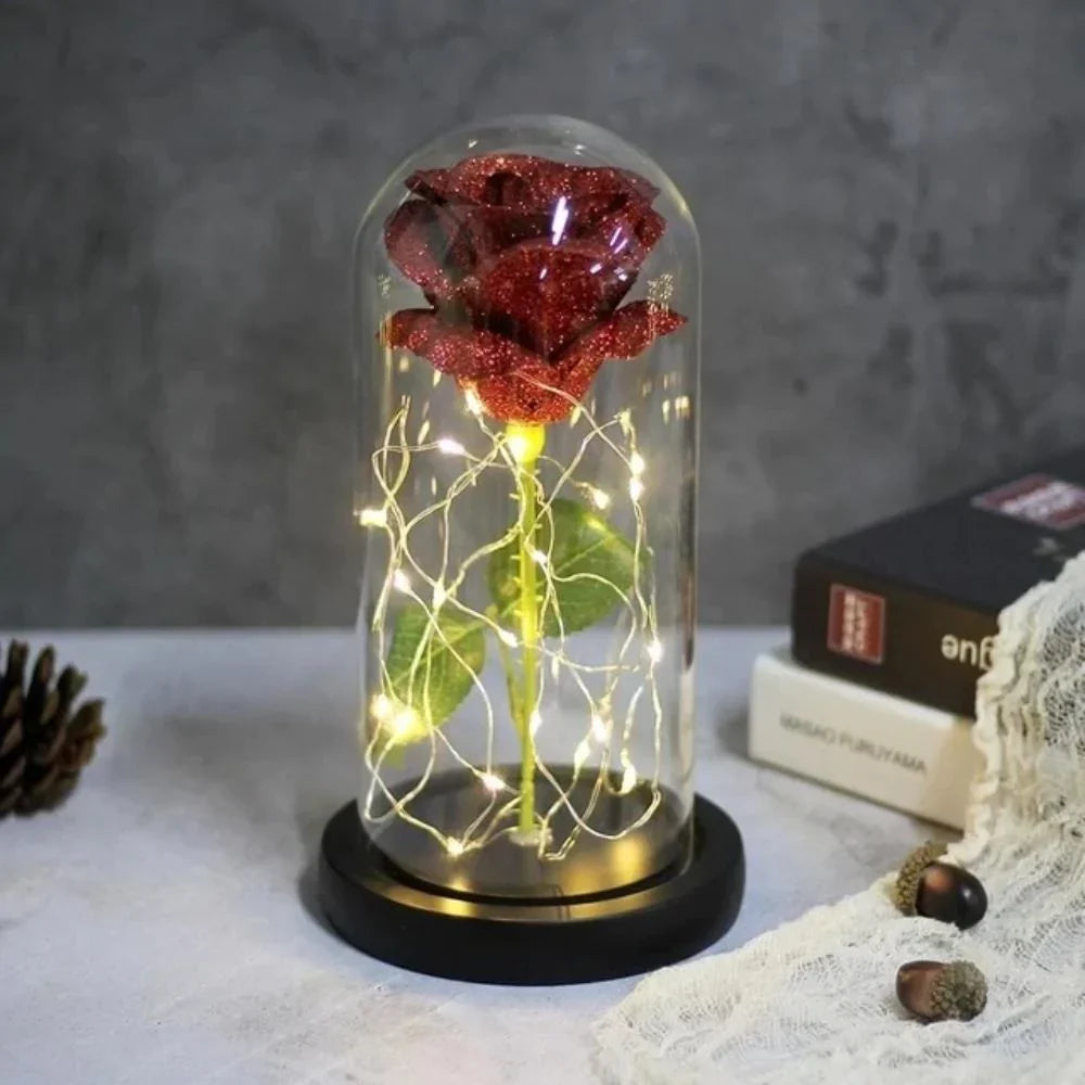 Shimmering Glitter Enchanted Rose LED Glass Display (10 Variants)