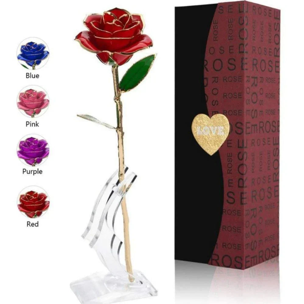 Adorable 24k Gold Dipped Long-Stem Rose | 4 Colors | Gift Box & Stand - Cute rose Toy