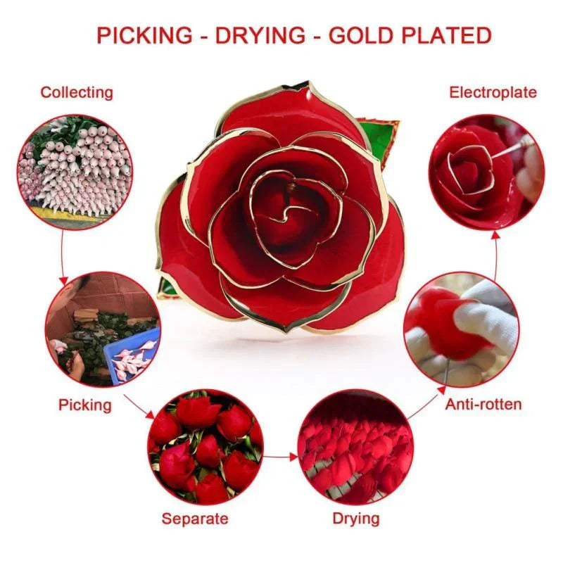 Adorable 24k Gold Dipped Long-Stem Rose | 4 Colors | Gift Box & Stand - Cute rose Toy